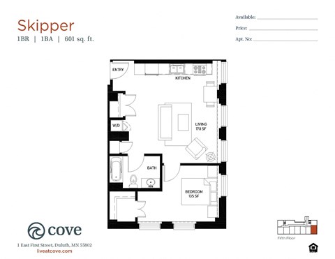 Floor plan for 1 bed, 1 bath, 601 sqft